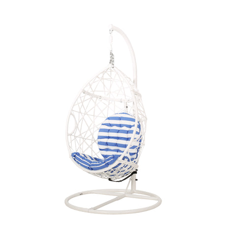 Berkley Outdoor Wicker Tear Drop Hanging Chair, White and Blue