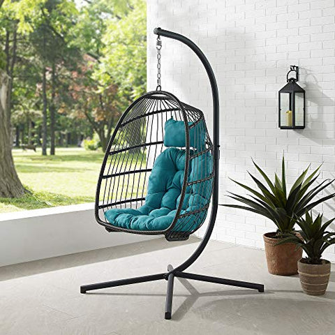 Walker Edison Carmel Modern Rattan Hanging Egg Swing Chair with Stand, 78 Inch, Grey and Teal