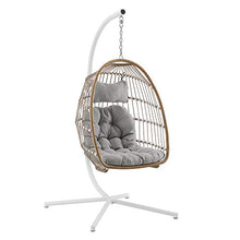 Walker Edison Carmel Modern Rattan Hanging Egg Swing Chair with Stand, 78 Inch, Brown and Grey