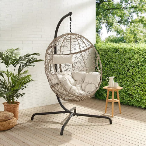 Ulax Furniture Outdoor Patio Wicker Hanging Basket Swing Chair Tear Drop Egg Chair with Cushion and Stand, Beige