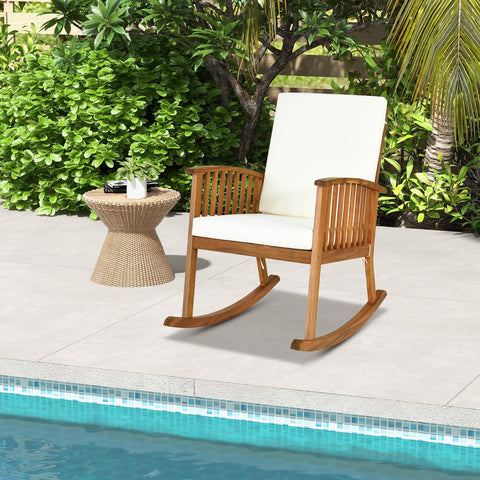 Gymax Patio Wooden Rocking Chair Lawn Garden Outdoor w/ Armrest Cushion