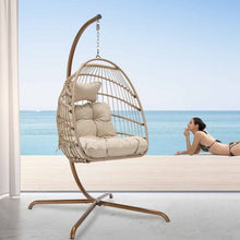 Nicesoul Rattan Swing Egg Chair Hanging Chair with Stand Beige 350 lbs Capacity Metal Frame